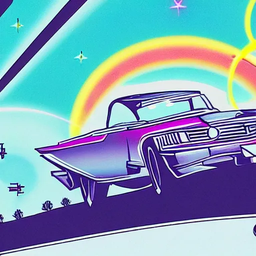 Image similar to 1960s car on a road in space driving towards a planet, synthwave