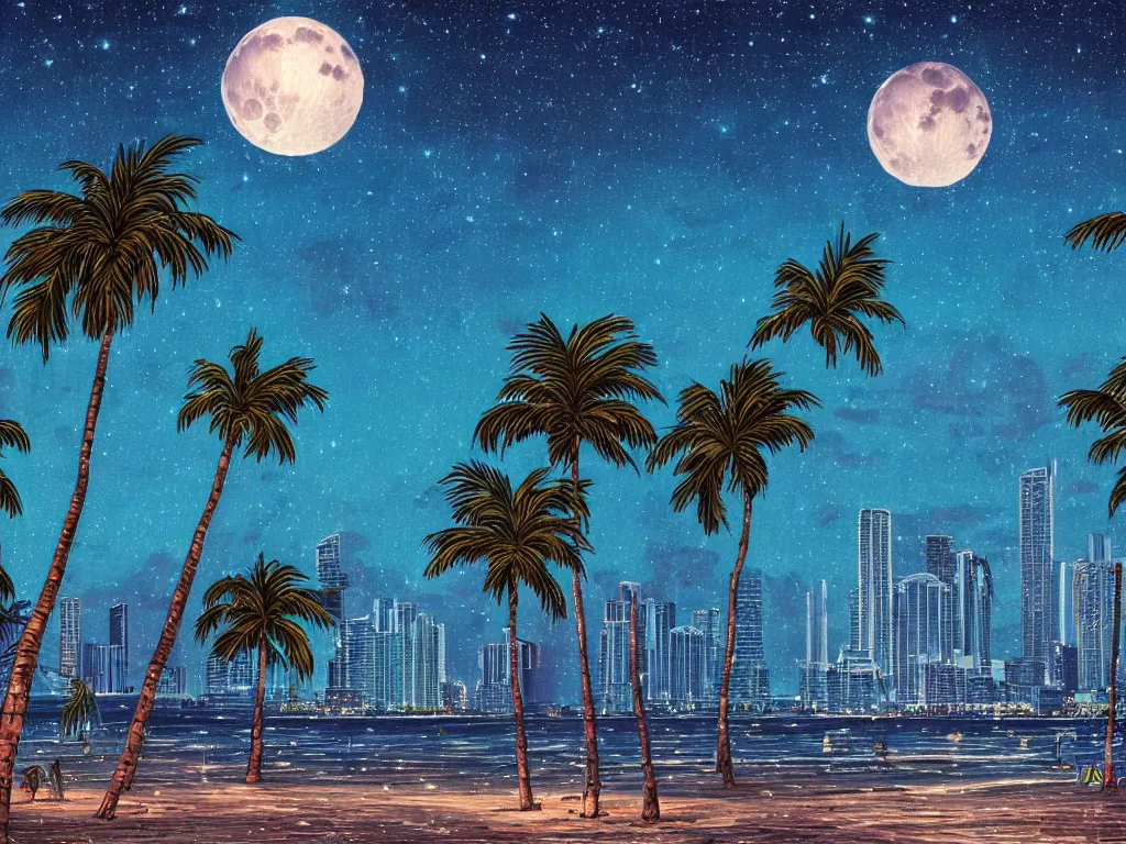 Image similar to night on a summer miami beach, city on the background, palm trees, footprints in the sand, full moon reflected in the calm ocean, starry sky 8 k, ultra detailed, trending on artstation, digital painting, synthwave style