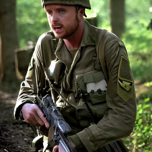 Image similar to aaron paul dressed as a us army soldier during the vietnam war, highly detailed, cinematic lighting, photorealistic