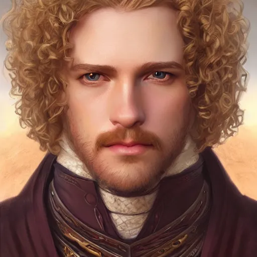 Image similar to blonde curly-haired medieval nobleman, D&D, doublet, painted fantasy character portrait, highly detailed, digital painting, artstation, concept art, sharp focus, illustration, art by artgerm and greg rutkowski and alphonse mucha