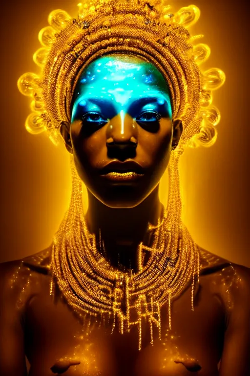 Image similar to hyperrealistic cybernetic cinematic bioluminescent very expressive! oshun goddess underwater, whole body, gold jewerly, highly detailed face, digital art masterpiece, smooth eric zener cam de leon, dramatic pearlescent turquoise light on one side, low angle uhd 8 k, shallow depth of field