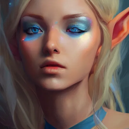 Image similar to a painting of an female elf wearing a skintight dress with blonde hair and blue eyes. by tooth wu and wlop and beeple and greg rutkowski. trending on artstation, highly detailed, volumetric lightning