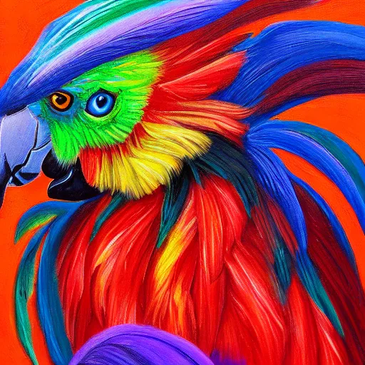 Prompt: parrot rooster hybrid mixed bird detailed luminescent oil painting 4 k