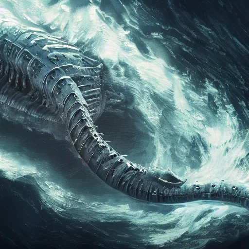 Image similar to top down view of an alien leviathan emerging from a deep ocean during a storm, cinematic lighting, dramatic, masterpiece, trending on artstation