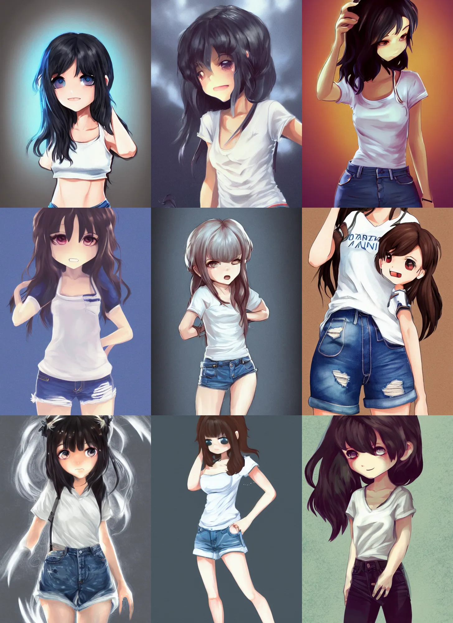 Prompt: a one character girl in a white t - shirt and denim shorts, dark hair, intricate, highly detailed, digital painting, art station, concept art, smooth, sharp focus, illustration, advanced digital chibi art, atmospheric lighting, detailed face, inspired gacha club game