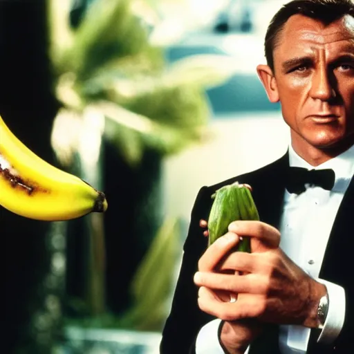 Image similar to james bond holding a banana, facing camera