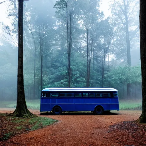 Image similar to blue bus in misty forest scene, the sun shining through the trees