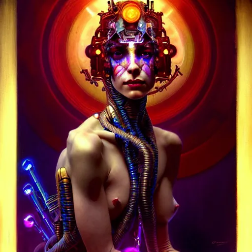 Image similar to extremely psychedelic beautiful cyborg queen of lsd. intricate, elegant, highly detailed, extremely lifelike photorealistic digital painting, artstation. steichen, gaston bussiere, tom bagshaw, cyberpunk alphonse mucha. dark pallet, melancholy. anatomically correct in every way. sultry.