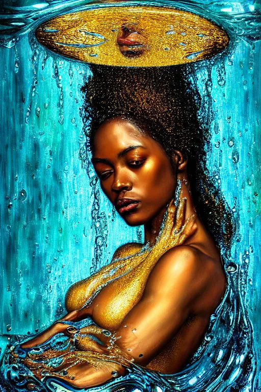 Image similar to photo realistic precisionist cinematic very expressive! oshun goddess, in water! john everett millais, mirror dripping droplet!, gold flowers, highly detailed face, digital art masterpiece, smooth eric zener cam de leon, dramatic pearlescent turquoise light on one side, low angle uhd 8 k, shallow depth of field