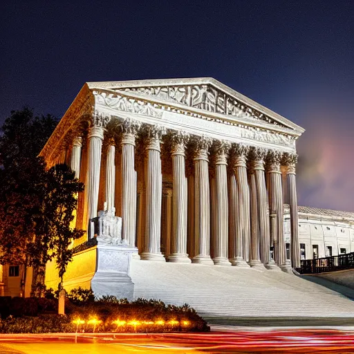 Image similar to Supreme court on fire at night, award winning photo, 8k hyperrealistic