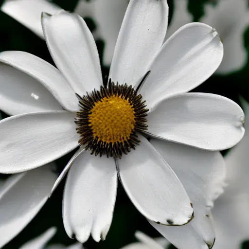 Prompt: white flower with sharp petals, metal dot inclusions in stem, smooth, silvery, contrast, side light, product shot