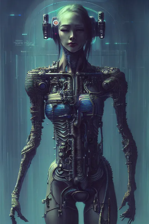 Image similar to a highly detailed long shot photo of cyberpunk female character by ayami kojima, elf, beksinski, giger, elf, gun, intricate, digital painting, artstation, concept art, smooth, sharp focus, full body