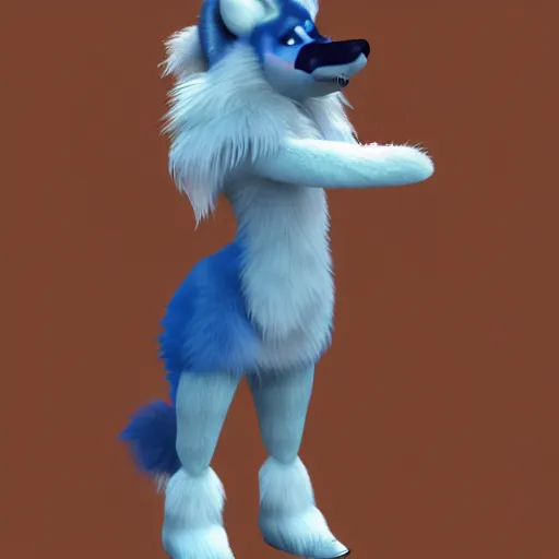 Image similar to 3 d render, well toned, large and tall, female anthropomorphic wolf with a short muzzle, blue scales and fur with white spots and wings on her back, icey blue dress, furr covering her chest.