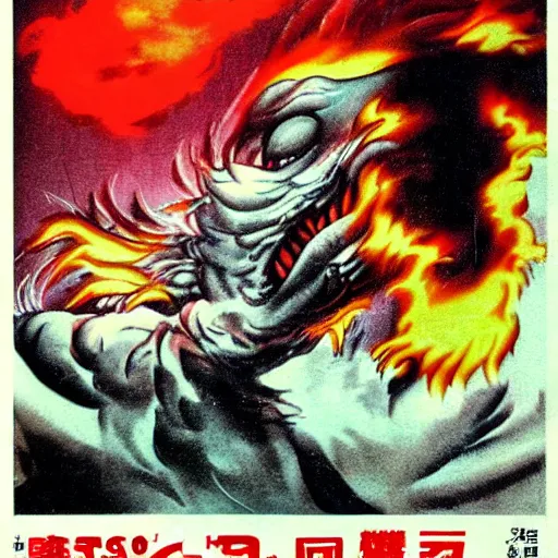 Image similar to 2 0 0 foot tall evil ronald mcdonald breathing fire and attacking tokyo, movie still, toho style