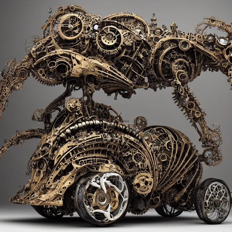 Image similar to biomechanical steampunk vehicle reminiscent of fast sportscar with robotic parts and (glowing) lights parked in ancient lush palace, gothic and baroque, brutalist architecture, ultradetailed, creepy ambiance, fog, artgerm, giger, Intricate by Ellen Jewett and Josan Gonzalez and Giuseppe Arcimboldo