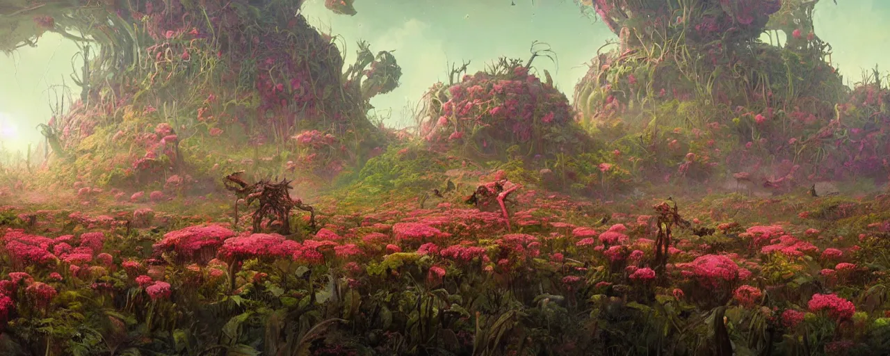 Prompt: ” outer planet overgrown with wild flesh eating flowers and massive roots, [ art by paul lehr, cinematic, detailed, epic, widescreen, opening, establishing, mattepainting, photorealistic, realistic textures, octane render ] ”