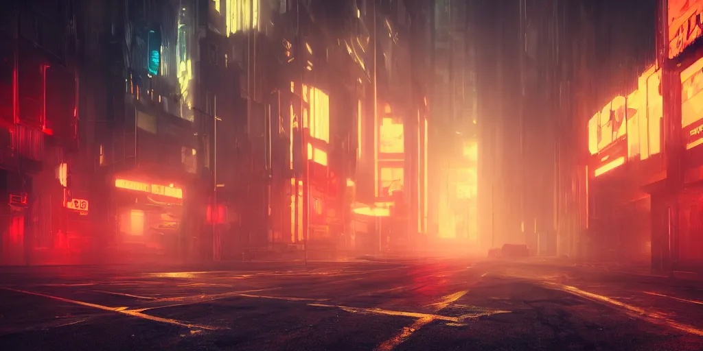 Image similar to deserted cyberpunk style city street, fog, rain, neon sign, volumetric lighting, beautiful, golden hour, sharp focus, ultra detailed, cgsociety