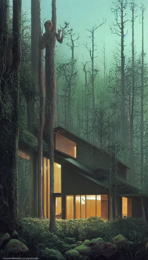 Image similar to cozy ultra modern home in the woods moody lighting, highly detailed, painting by zdzisław beksinski and norman rockwell and greg rutkowskiweta studio, and lucasfilm