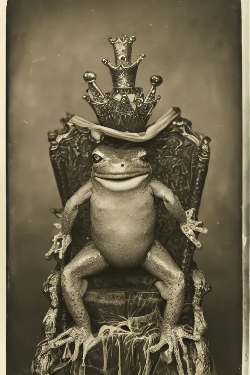 Image similar to a wet plate photo of an anthropomorphic frog king sitting on a throne