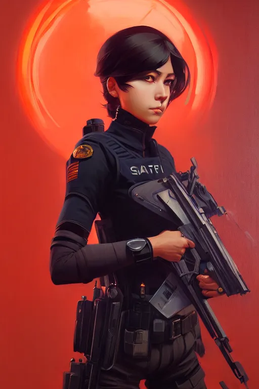 Image similar to a ultradetailed beautiful panting of a stylish swat woman, oil painting, by ilya kuvshinov, greg rutkowski and makoto shinkai, trending on artstation