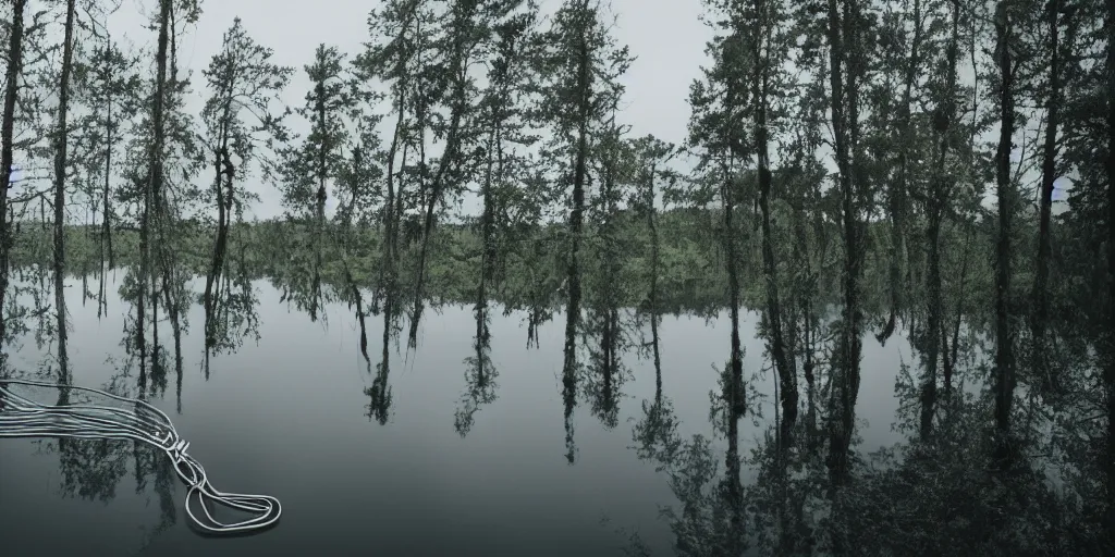 Prompt: centered photograph of a long rope snaking directly on the surface of the water, dark lake on a cloudy day, color film, trees in the background, hyper detailed photo, anamorphic lens