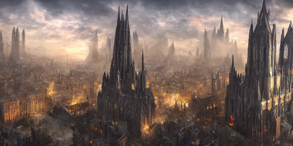 Image similar to a giant cathedral towering above the city, medieval, fantasy apocalypse, digital art, mmo, 4 k,