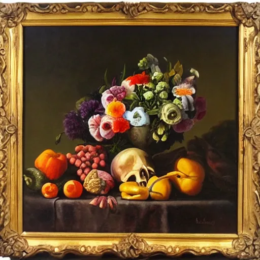 Image similar to still life, flowers, vegetables, fruits and skulls, oil painting, highly detailed