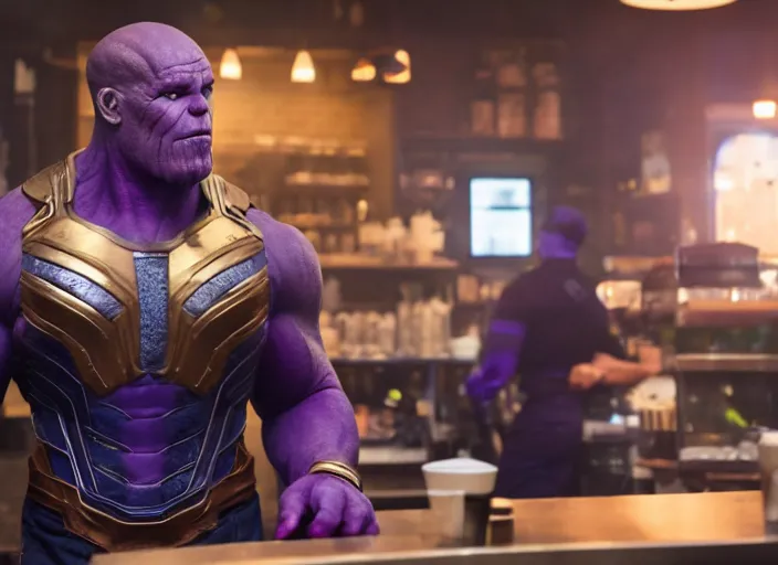 Prompt: film still of Thanos as a barista in Avengers Infinity War, 4k