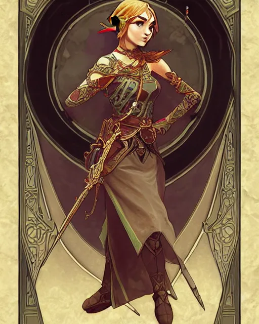 Image similar to legend of Zelda art nouveau, D&D, fantasy, intricate, elegant, highly detailed, digital painting, artstation, concept art, matte, sharp focus, illustration, hearthstone, art by Artgerm and Greg Rutkowski and Alphonse Mucha