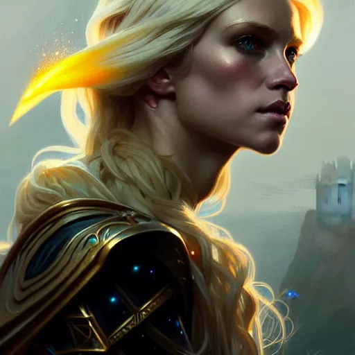 Prompt: An epic fantasy portrait of a blond woman, castle setting, horror movie lightning, intricate, elegant, highly detailed, digital painting, artstation, concept art, matte, sharp focus, illustration, art by Artgerm and Greg Rutkowski and Alphonse Mucha