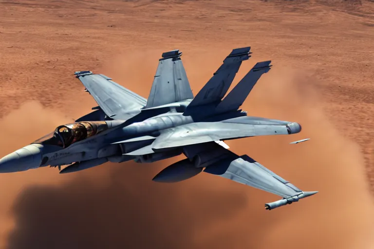 Image similar to a gritty hyperdetailed photorealistic f - 1 8 hornet ground attack aircraft shooting a missile at a small group of vehicles in the desert, volumemetric lighting, cinematic framing, cinematatic lighting, cinematic shadows, in the style of top gun maverick