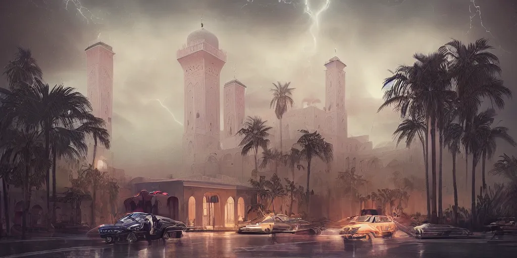 Prompt: thunderstorm in marrakech, palm trees, flying vehicles, moroccan mosque, wlop, james jean, tom bagshaw, rococo, trending on artstation, fantasy, intricate, elegant, highly detailed, digital painting, concept art, smooth, illustration, cinematic lighting, hyper realism, octane render, 8 k, hyper detailed.