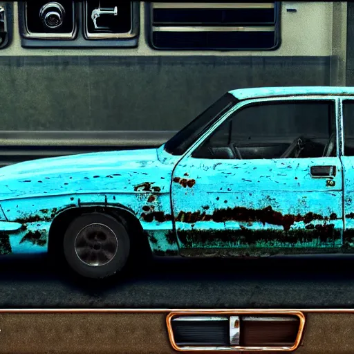 Image similar to A screenshot of a rusty, worn out, broken down, decrepit, run down, dingy, faded chipped paint, tattered, beater 1976 Denim Blue Dodge Aspen in Gran Turismo for the PS1