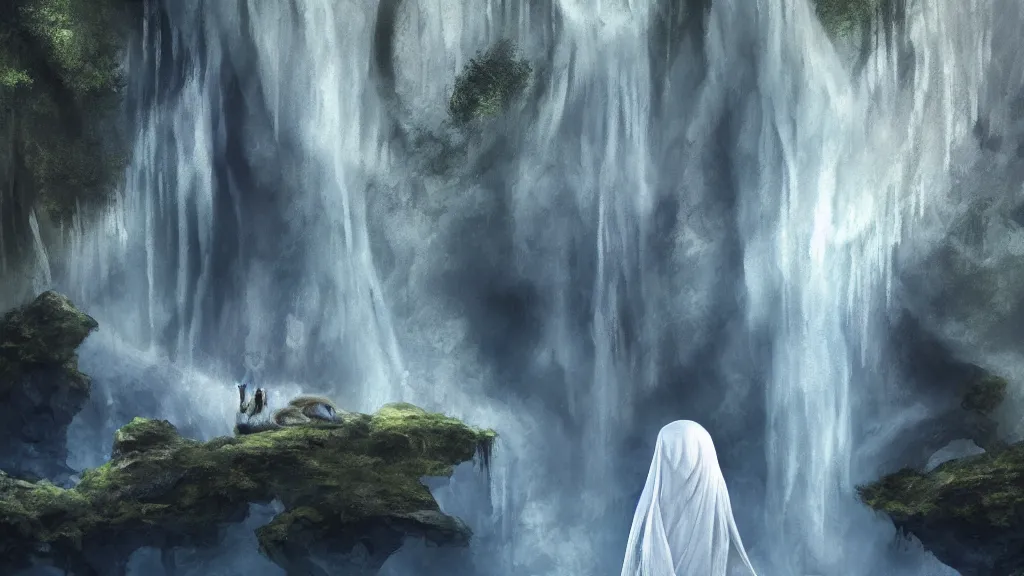 Prompt: ghost!!! made of transparent cloth, medium shot, ((waterfall in the background)), hyperdetailed, artstation, cgsociety, 8k