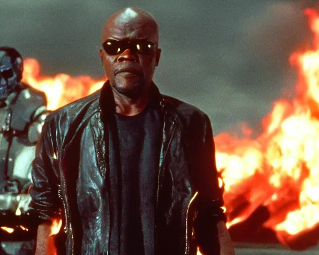 Image similar to Samuel L. Jackson plays Terminator wearing leather jacket and his endoskeleton is visible, walking out of flames, saves pipkachu