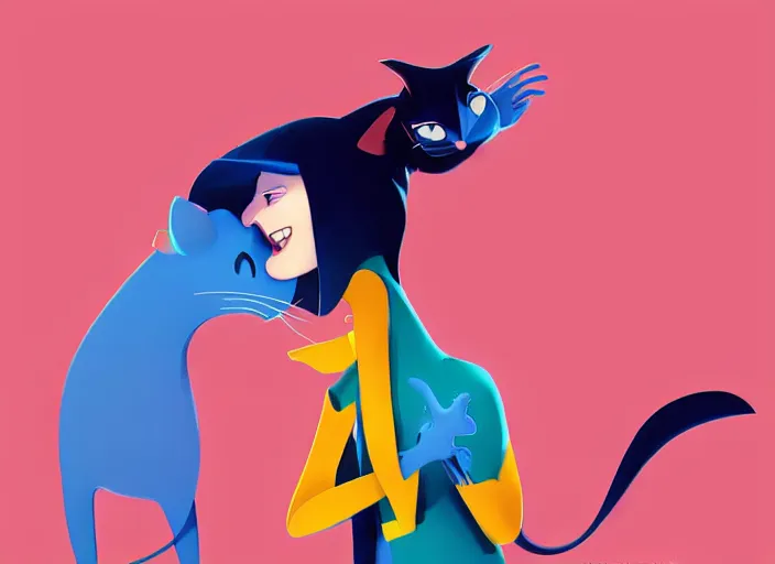 Prompt: pixar cartoon character of a tomboy girl being happy with a cat. style by petros afshar, christopher balaskas, goro fujita, and rolf armstrong.