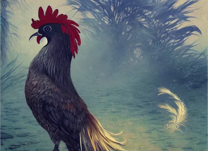 Prompt: a gorgeous paradise rooster japanese art is looking at a bird, ethereal, horror, fantasy art by greg rutkowski and magali villeneuve and claude monet