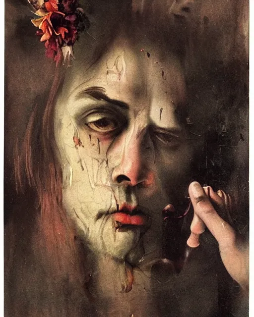 Image similar to a beautiful and eerie baroque painting of a beautiful but serious man in layers of fear, with haunted eyes and dark hair, 1 9 7 0 s, seventies, floral wallpaper, wilted flowers, a little blood, morning light showing injuries, delicate embellishments, painterly, offset printing technique, by robert henri, walter popp, alan lee