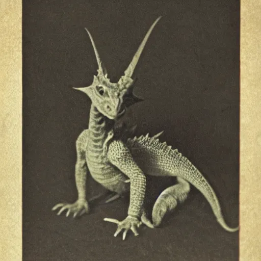 Prompt: victorian photograph of a baby dragon, highly realistic, scaly, grainy photo, blurry, creature, faded, 1 9 0 0, 1 8 8 0 s