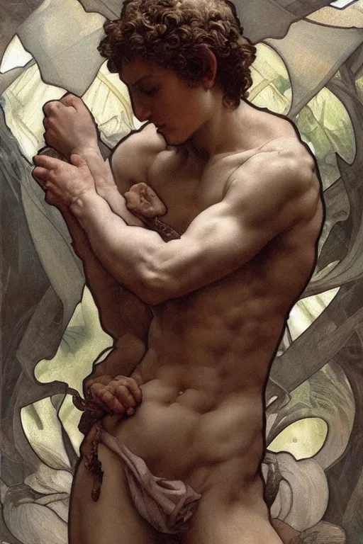 Image similar to Michelangelo\'s David, highly detailed, digital painting, artstation, concept art, smooth, sharp focus, illustration, ArtStation, art by artgerm and greg rutkowski and alphonse mucha and J. C. Leyendecker and Edmund Blair Leighton and Katsuhiro Otomo and Geof Darrow and Phil hale and Ashley wood and Ilya repin and Charlie Bowater