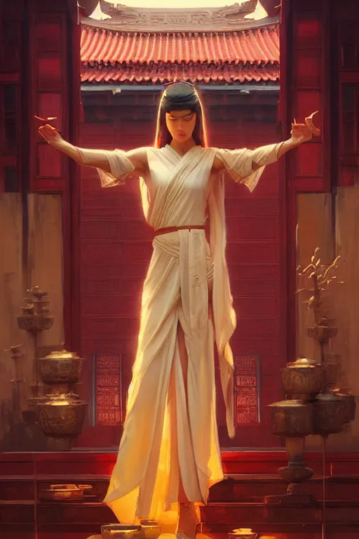 Image similar to temple, taoism, painting by greg rutkowski, j. c. leyendecker, artgerm