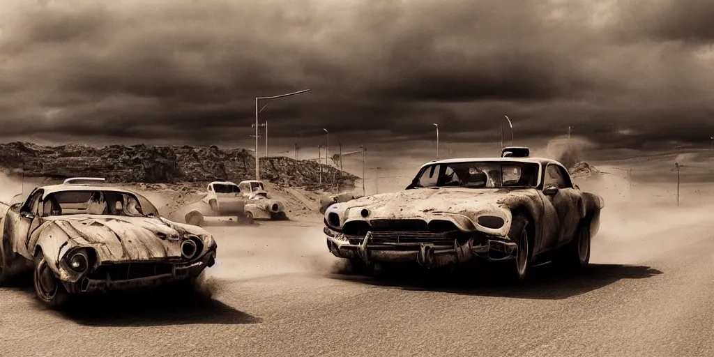 Image similar to car in full speed in a empty street, mad max kieth thomsen