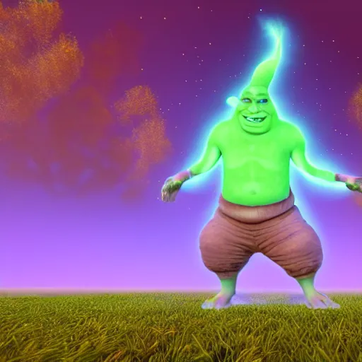 Prompt: astral transparant friendly Shrek, spirit ogre, photorealistic, unreal engine 5, movement, dreams, DMT, dreamy, vapor wave, 80’s