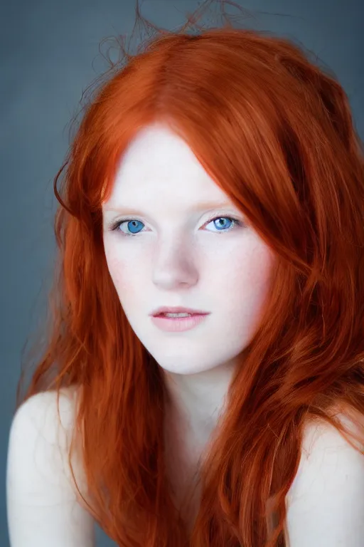 Image similar to a portrait of a redhead beautiful girl, green eyes, highly detailed, 3 5 mm f 1. 4 background silver fir