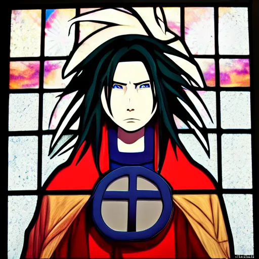 Prompt: artistic portrait of Uchiha Madara, stained glass futuristic church, extremely detailed, trending on Artstation