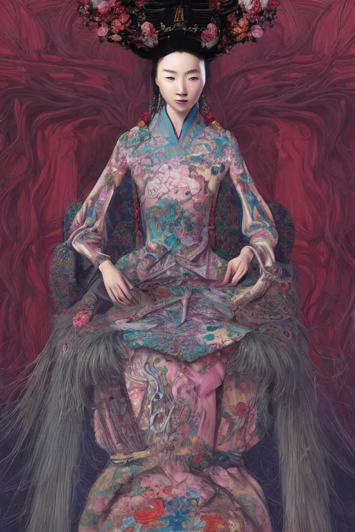 Image similar to a chinese princess in a dress with long hairs, art by James Jean and Wayne Barlowe, high detail, cinematic, cgsociety 8k