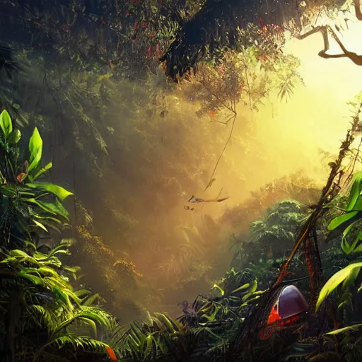 Image similar to a crashed plane in a jungle!, mist, tropical trees, vines, birds, sunset!, fluffy clouds, warm colors, beautiful lighting, digital art, intricate details, trending on artstation