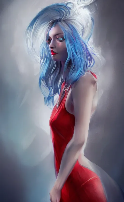 Prompt: the prettiest woman with silver blue hair, in a red and white dress portrait, dynamic lighting, fantasy concept art, trending on art station, stunning visuals, creative, cinematic, ultra detailed, ray tracing, sun rays, hyper realistic