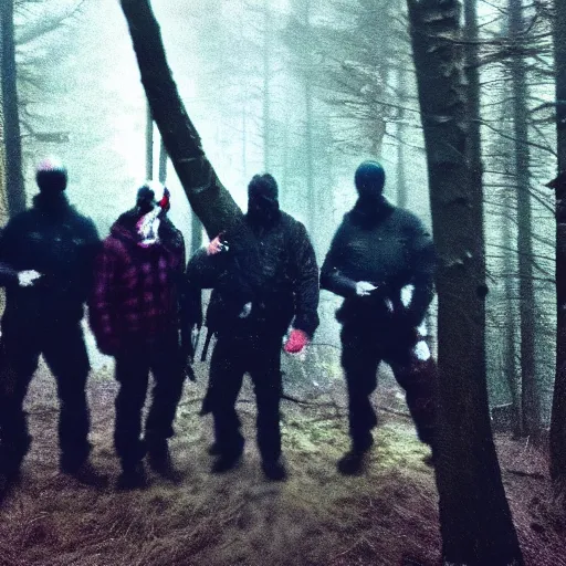 Image similar to low quality iphone photo of the payday 2 videogame crew standing ominously deep in the foggy woods low visibility creepy, grainy, trail cam footage