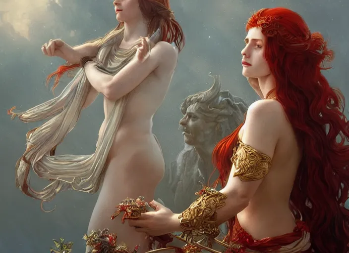 Image similar to A gorgeous Roman Goddess with long flowing red hair, fantasy, intricate, elegant, highly detailed, D&D, digital painting, artstation, concept art, matte painting, sharp focus, illustration, in the style of Greg Rutkowski and Alphonse Mucha and artemisia gentileschi